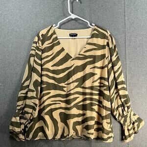 Studio Park x Leah Williams Printed Chiffon Blouse with Ruff Khaki Zebra Large